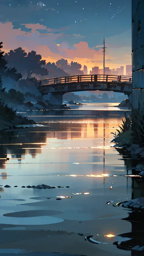 A quiet riverside path at night, lined with dimly glowing streetlights. The river reflects the shimmering city lights in the distance, creating a mesmerizing contrast between nature and urban life. A rusted metal bench sits near the edge of the path, sligh...