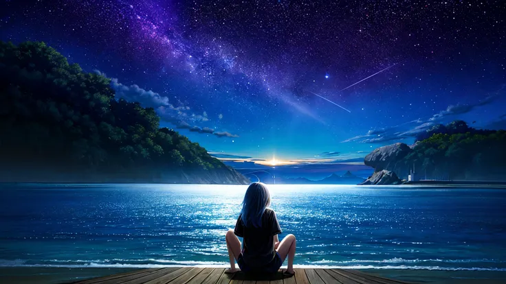超HD, HD, high quality ,壮観なscenery,octans, null, 満天の星null, scenery, 星null, night , 1 girl, night null, shooting star, the Milky Way Galaxy covering the entire sky, 海に夜nullが映っている, sitting, tree, long hair, silhouette , A lot of plankton is shining blue ...