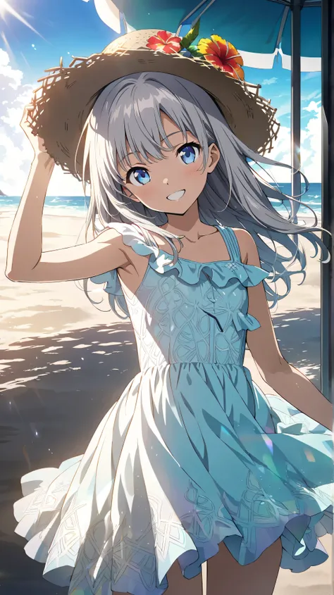 Masterpiece, best quality, highly detailed anime illustration, (soft shading:1.2), dramatic lighting, modern anime style, cinematic composition, detailed facial expressions, playful pose

characters:
girl: long flowing silver hair, bright blue eyes, petite...