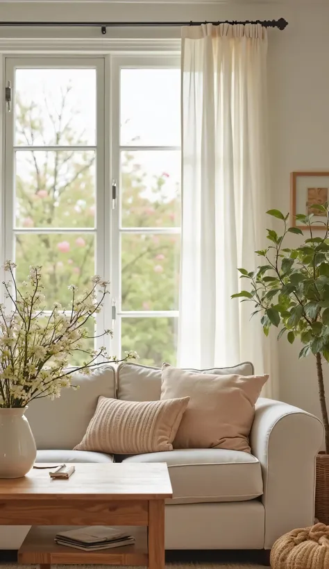 A bright and cozy living room in a spring style. In the center of the room is a soft sofa with decorative pillows in pastel shades. In front of it is a stylish wooden table with a vase of fresh spring flowers. Large windows let in a lot of natural light, b...