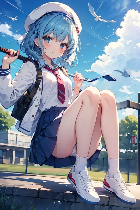 Blue haired girl,  white beret,  falling from the sky , complete anatomy, school uniform, tie, shirt, skirt, white sneakers, sword, blush, , Charm,  underwear, great body, Very far away distance. Anime girl flies over the sky