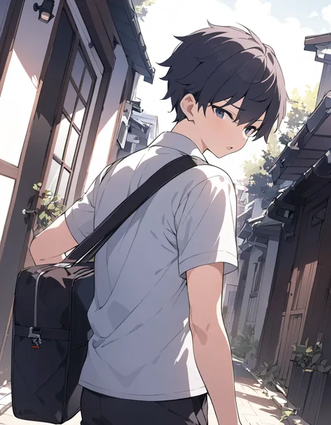 male middle school student、 male、 school uniform、white cutter shirt、Black trousers、black bag 、shortcuts、coming out of mouth、 residential area、dutch angle shot、 side view