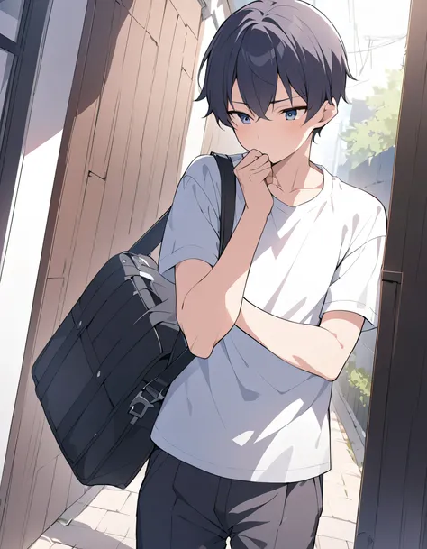 male middle school student、 male、 school uniform、white cutter shirt、Black trousers、black bag 、shortcuts、coming out of mouth、 residential area、dutch angle shot、 side view