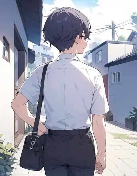 male middle school student、 male、Duo、 school uniform、white cutter shirt、Black trousers、black bag 、coming out of mouth、 residential area、backshots、 Back View