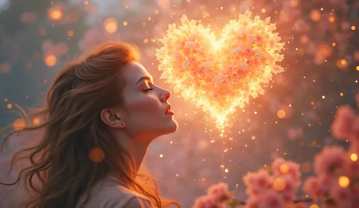 A glowing heart made of flowers floating above a woman's head, magical and ethereal atmosphere, soft glowing light, cinematic composition, fantasy art style, warm tones, romantic mood. Style: Delicate, romantic, watercolor or soft CG graphics with cinemati...