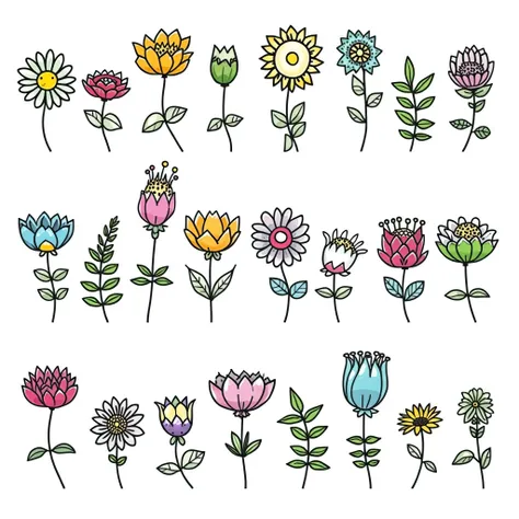 This image showcases a collection of twenty-four whimsical, hand-drawn flower illustrations. The style is distinctly folk-art inspired, employing bold outlines, bright colors, and simple, stylized forms. There's a playful, slightly naive quality to the dra...