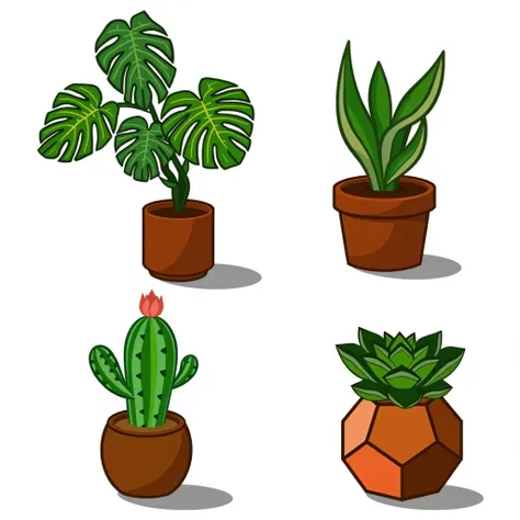 This image displays four illustrations of potted plants, each with a distinct style and species. Let's analyze their characteristics and potential uses:

Characteristics:

Style: The illustrations are done in a clean, vector-style, with bold outlines and f...