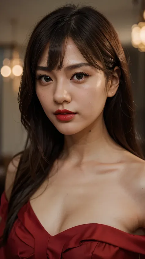 Highly Detailed Beautiful Japanese Girl, Cinematic, Cinematic Light, Realistic, Highly Detailed Face, Highly Detailed, Realistic Appearance, Lifelike, Realistic Girl, Highly Detailed Hair, medium long shot, wearing red dress, wearing red lipstick, indor