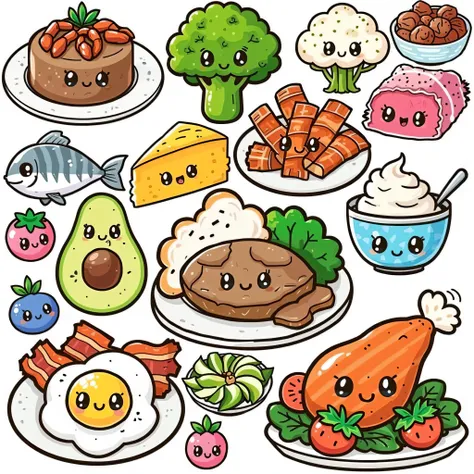 This image is a delightful collection of food items, each illustrated in a cute, kawaii style with anthropomorphic features (large eyes, simple smiles). The style is consistent throughout, making it visually appealing and cohesive. Let's break down the foo...