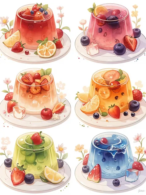 This image depicts six delightful illustrations of fruit jellies, each with a unique color and fruit combination. Let's analyze its features and potential uses:

Features:

Style: The illustrations are rendered in a soft, painterly style reminiscent of wat...