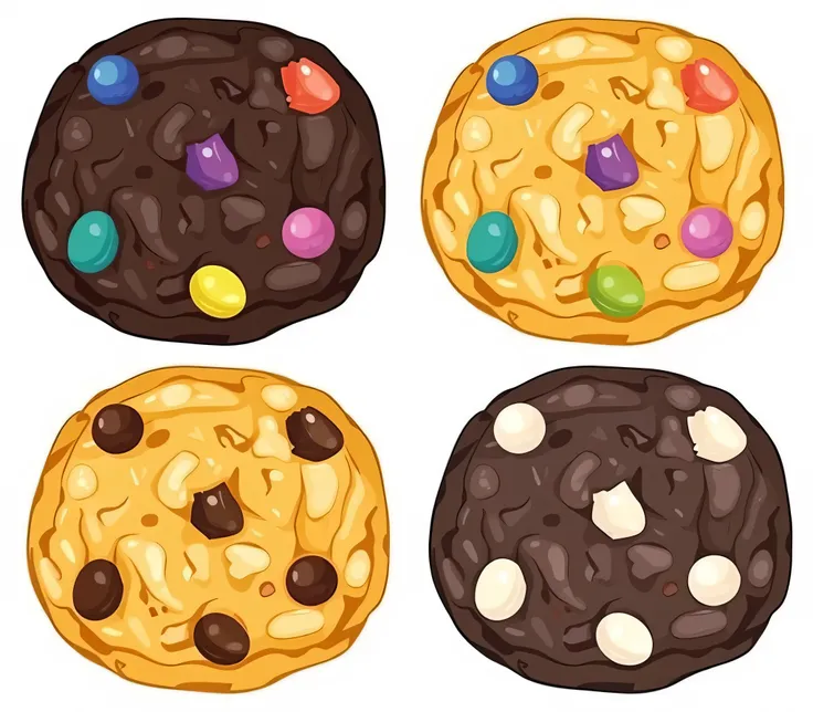 This image shows four illustrations of cookies, each with a different topping or color scheme. Let's analyze its features and potential uses.

Features:

Style: The illustrations are in a relatively simple, slightly textured style. The cookies are depicted...