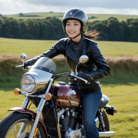 (A young female rider speeds along on a motorcycle)、Vintage Bikes、Bluff Superior SS100、Isle of Man Races、Leather jumper、Cromwell helmet with goggles、After the Rain、English countryside、(Highest quality, masterpiece, High resolution)、8k、wallpaper,masterpiece...