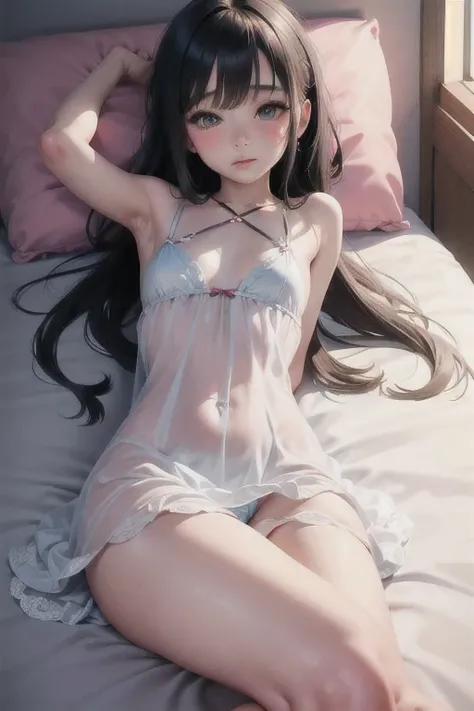 anime girl in lingerie laying on bed with her panties on, seductive anime girl, beautiful alluring anime , small curvy loli, pretty anime girl, mikudayo, soft anime illustration, loli in dress, miku, beautiful anime girl, beautiful alluring anime woman, lo...