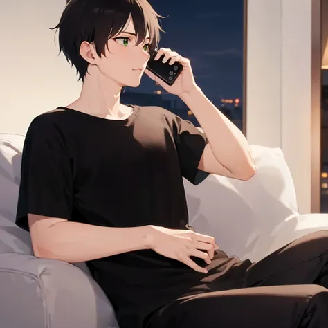 navy sofa, sitting, (at night:1.5), talking on phone, side angle, (looking away:1.5), masterpiece, best quality, Japanese manga style, upper body, (25 year old male: 1.5) and (short brown hair) and (green eyes), BREAK (black T shirt) and (pants) BREAK surp...