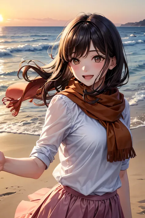 A poised woman,(parted bangs) chestnut-colour medium length hair,((( brown eyes))),(open mouth),smile,Wearing a flowing salmon-pink skirt with a cashmere stole, she walks barefoot on the sandy shore as the sun sets, casting a golden glow on the waves. Her ...