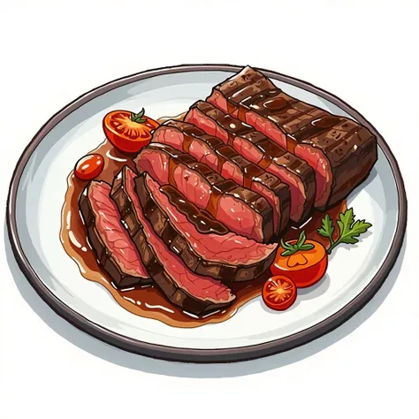 This image is a digital illustration of a sliced steak served on a plate with cherry tomatoes and a dark sauce. Let's analyze its visual aspects and potential uses:

Visual Aspects:

Style: The style is a highly stylized, almost cartoonish illustration. It...