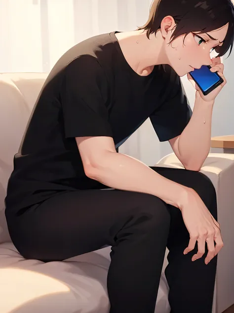 navy sofa, sitting, (at night:1.5), (holding a phone:1.3), , side angle, (looking away:1.5), masterpiece, best quality, Japanese manga style, upper body, (25 year old male: 1.5) and (short brown hair) and (green eyes), BREAK (black T shirt) and (pants) BRE...