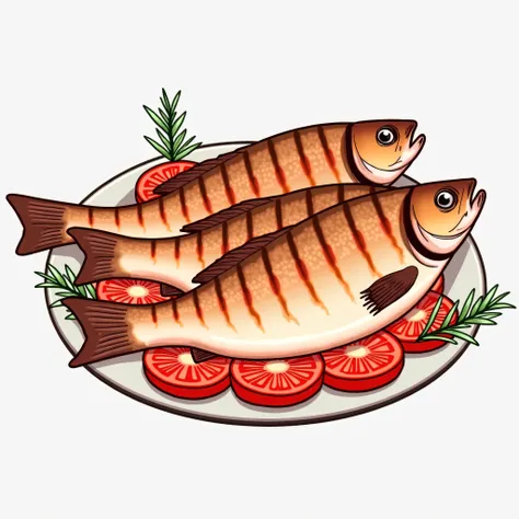 This image is a digital illustration of three whole grilled fish served on a plate with tomato slices. Let's analyze its visual aspects and potential uses:

Visual Aspects:

Style: The style is a stylized illustration, not photorealistic. It uses relativel...