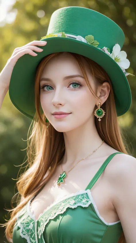 best quality, professional lighting, natural light, super detailed, realistic, beautiful detailed eyes,a fairytale scene, St.Patrick's Day,1girl, 18 yo,kawaii,pale skin, green eyes, ginger hair, makeup, earrings, green dress, clover necklace, ireland,cowbo...