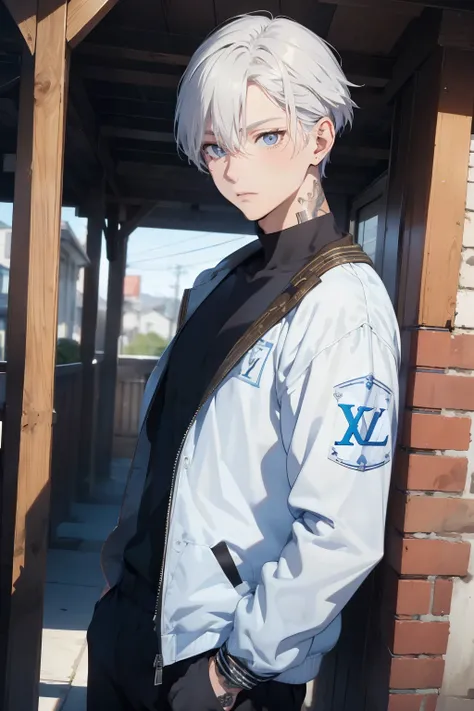 1 boy, tall, handsome, (wearing Louis Vuitton clothes), Standing in front of a sportsbike, handsome, (White hair with blue shade), black eyes, (Have a small crucifix tattoo near his eye), (have a small scar near his lip), Windbreaker_Joker, no abnormality,...