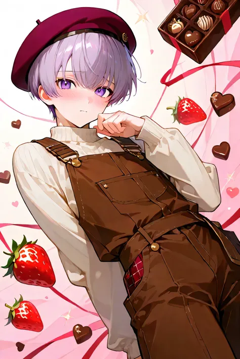 1male, soft purple hair, purple eye, cute, beautiful, short hair, short cut, shy expression, blush, one man, dynamic pose, dynamic angle, Valentine, chocolate and strawberry, beret, brown overalls, short cut