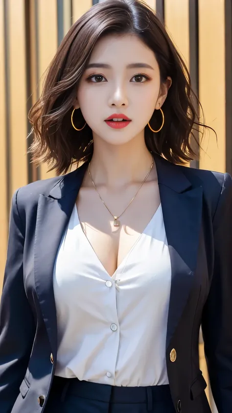 RAW Photos, High resolution, Very detailed, Intricate details, 、ear piercing、、short hair、 Jet Black Hair、wavy hair、 DARK EYESHADOW 、 Office Lady Suits 、 jacket、 shirt、Necklace around the neck、, The background is the office
