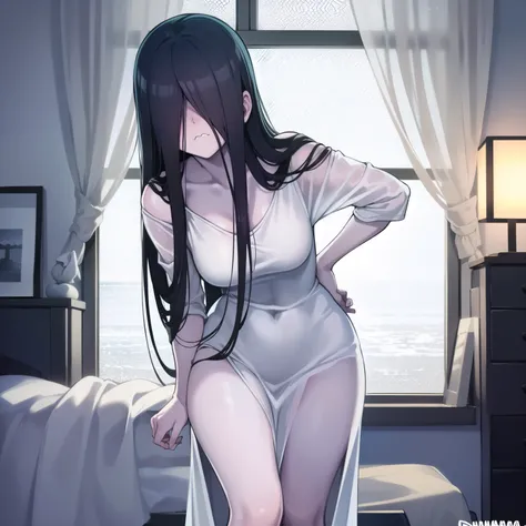 1girl, Solo, HD, Accurate, Pouts, Cute Pose, Soft Lighting, Blurred Background, Close-up, (Bedroom: 1.3)(Night Sky: 1.2) Looking at viewers.

-
(female: white dress, yamamura sadako, pale skin, hair over eyes: 1.4)(pose: standing with embarrassed: 1.3)