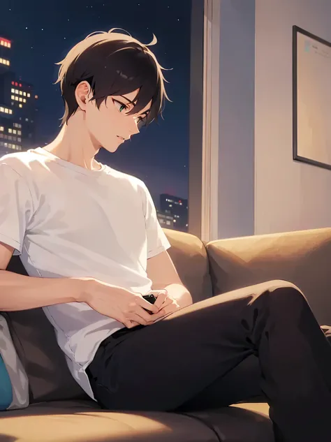 navy sofa, sitting, (at night:1.5), (holding a phone:1.3), , side angle, (looking away:1.5), masterpiece, best quality, Japanese manga style, upper body, (25 year old male: 1.5) and (short brown hair) and (green eyes), BREAK (white T shirt) and (pants) BRE...