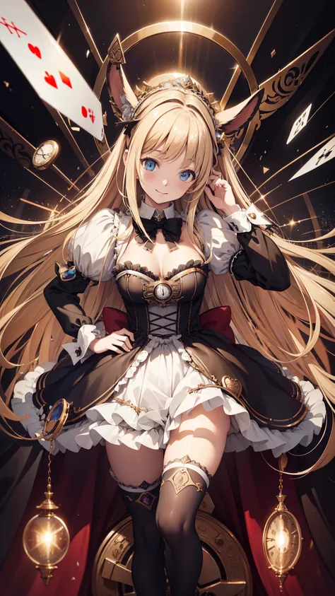 4K, Realistic,Very detailed,Bunny ears、Rabbit costume,Bunny girl、Soft Theme、smile、(((Alice in Wonderland World)))、((Pocket watch))、(Black tuxedo-like miniskirt dress)、Thigh-high stockings、((Playing cards))、((Delicate painting))，(Detailed RAW photos of girl...