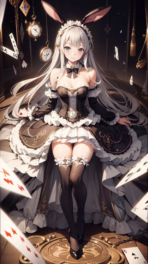 4K, Realistic,Very detailed,Bunny ears、Rabbit costume,Bunny girl、Soft Theme、smile、(((Alice in Wonderland World)))、((Pocket watch))、(Black tuxedo-like miniskirt dress)、Thigh-high stockings、((Playing cards))、((Delicate painting))，(Detailed RAW photos of girl...