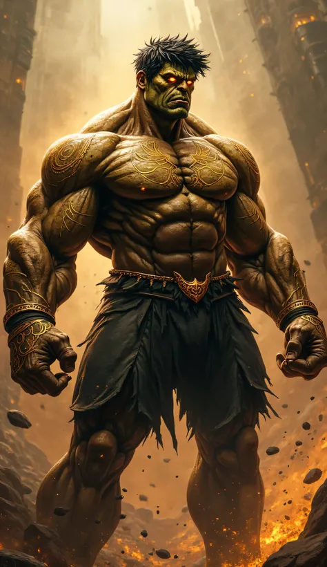 Hulk: Bronze skin with gold tribal markings, glowing amber eyes, and thick black hair, wild and untamed. His face radiates divine fury.