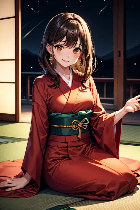 A poised woman,(parted bangs) chestnut-colour medium length hair,,((( brown eyes))),smile,In a deep green kimono with a gold obi, she sits in a private tatami room of an upscale Japanese restaurant, while admiring the seasonal cuisine presented before her,...