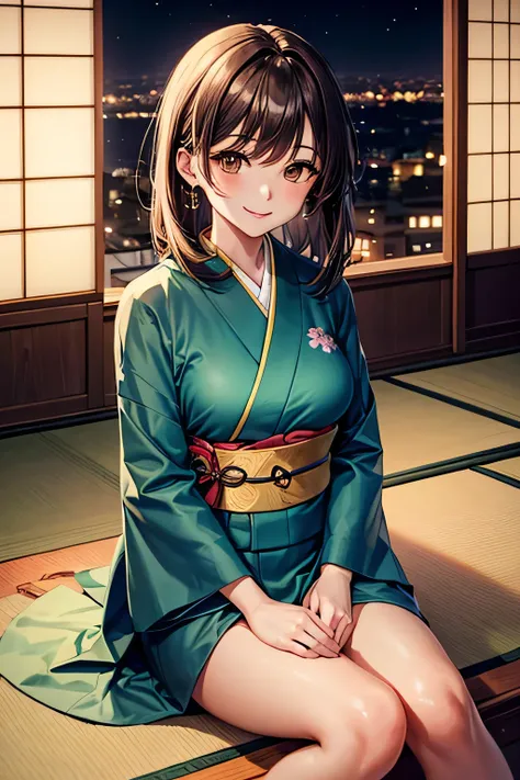 A poised woman,(parted bangs) chestnut-colour medium length hair,,((( brown eyes))),smile,In a deep green kimono with a gold obi, she sits in a private tatami room of an upscale Japanese restaurant, while admiring the seasonal cuisine presented before her,...