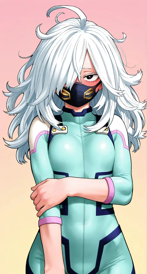 My Hero Academia style, Kohei Horikoshi, flat chest, skinny body, Blushing、To blush、Thick eyes, white hair, long hair, hair over one eye, messy hair, ahoge, medium hair, pastel colors bodysuit,mouth mask, round cap