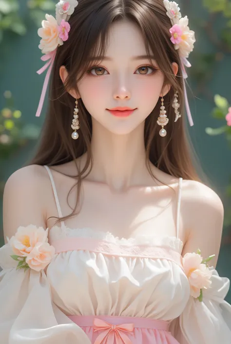 (super cute young face:1), (japanese idol face:1.),very beautiful cute girl,(baby face),cheerful happy smile,exquisite smooth and silky long brown straight hair,fair skin,(happy cheerful smile),professional photogragh, (realistic photograph:1.1), long stra...