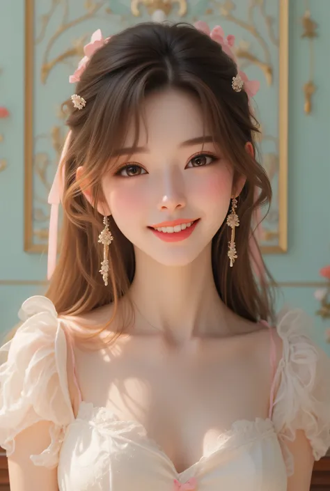 super cute young face,very beautiful cute girl,cheerful happy smile,exquisite smooth and silky long brown straight hair,fair skin,(happy cheerful smile),professional photogragh, (realistic photograph:1.1), 
 Fluffy Silhouette Dresses、
 Pastel Colors and Li...