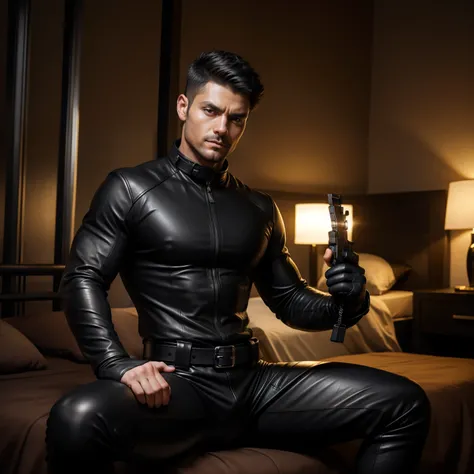 Age 35,  One Man,、   black bodysuit  、Shocker Belt、 Black gloves 、 He is carrying a pistol on his waist、bedroom、 The light of the 、　logic, ,   black hair、 short hair。 とても short hair 、  handsome fighter 　 　  sitting with legs open 、 upper body up　black leat...