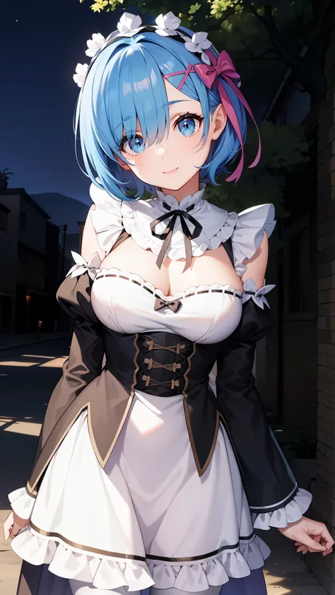 poor,  short hair, maid head dress, x hair accessories,  hair bow, Hair on one eye, big breasts, frills, neck ribbon, Chest,  dress, detachable sleeves, white apron, waist apron, white pantyhose, ( low length :1.1)
break 
(software),  under the shade of a ...