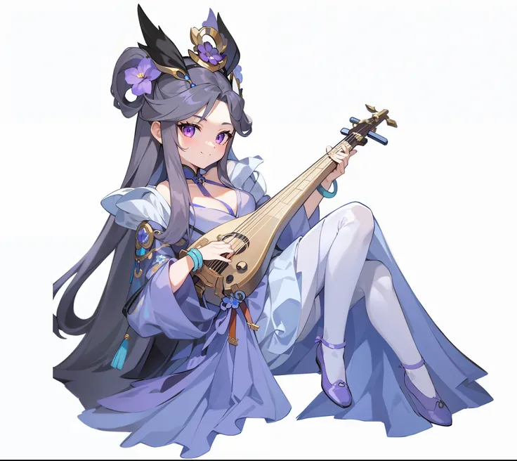 （ nashida ），  masterpiece, Q version two-dimensional anime-style illustration， masterpiece，Best Quality， super high quality，8k，Hanfu，Ethnic style，antiquity，full body，white background，Fantasy Westward Journey， girl，Musical Instruments， solo，Hair accessories...