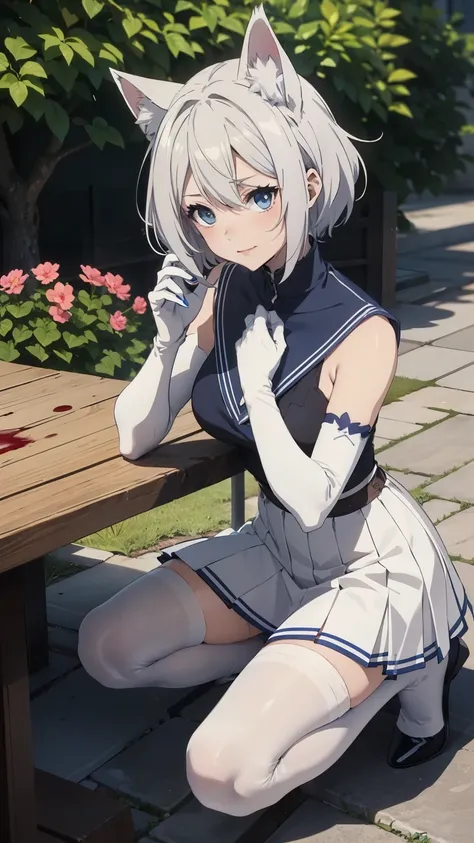 table top　 High Resolution 　Highest quality　8k　   Adult women 　   anime style 　full body（1.3）　 puts his hand on his knee　  white sailor suit（ sleeveless）　 white long gloves （  elbow gloves with a lot of blood  ）（Plain）　 navy miniskirt （ pleats ）　  white pa...