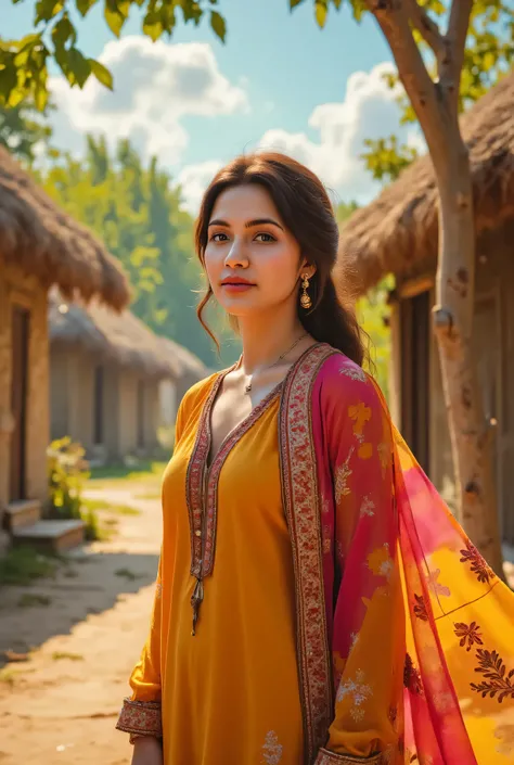24 year girl in Indian village not modern village rural vibe wearing punjabi patiyala kurta set