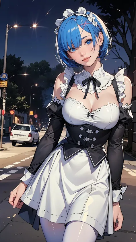 poor,  short hair, maid head dress, x hair accessories,  hair bow, Hair on one eye, big breasts, frills, neck ribbon, Chest,  dress, detachable sleeves, white apron, waist apron, white pantyhose, ( low length :1.1)
break 
(software),  under the shade of a ...