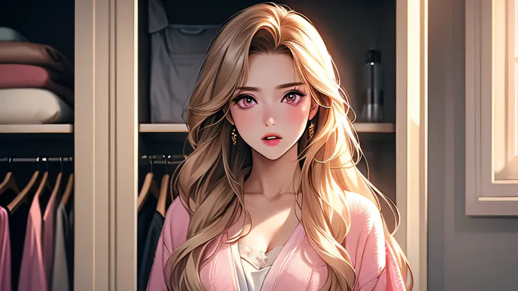  Modern, highest quality、High resolution、high quality images、8K, 1 female, golden eyes, Shiny latte colored long hair, loose cardigan, beautiful pink eyes, plump lips, detailed gorgeous face, (shocked, sad), charm, shocked, wide range shot, standing in fro...