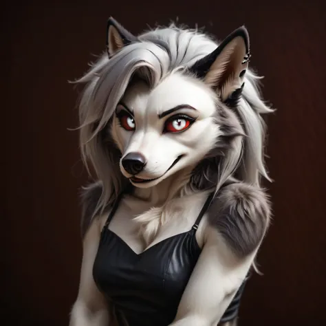 Furry art, breathtaking furry art, realistic furry, anthro white wolf, female wolf, black makeup, white eyes with red sclera, silver hairs, black ears, sensual, loona, claws,(pixelsketcher pikaflufftulf hioshiru artstyle),full body, slender, 75mm canon sho...