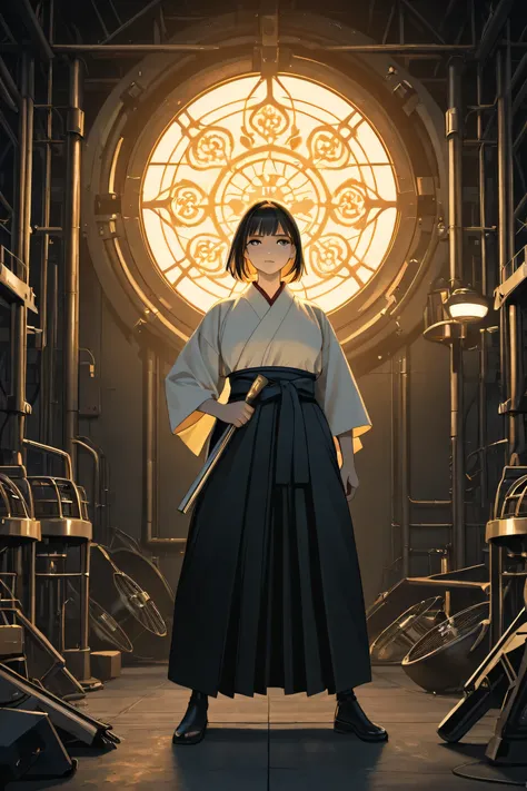 The only woman ,warrior,Hakama, holding a fan , LEDs ,Metal,Metal, HD , Best Quality, HD , anatomically correct , Very detailed, 超 HD , Skin texture , Sharp Detail ,Bangs,