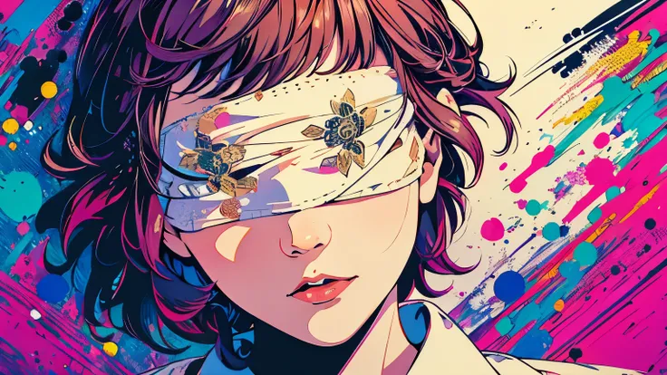 (masterpiece, top quality, Highest quality, Official Art, Beautiful artistic:1.2),
 blindfold, Alone, 1 girl, open your mouth,  short hair,  Long Sleeve, bangs, smile,  upper body, bandage,  shirt,
extremely detailed,Most detailed, Optical Mixing, playful ...