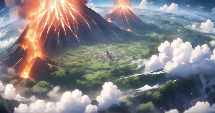 volcano　forest　Earth　 no people　Anime anime keyvisual, no humans, wide shot,