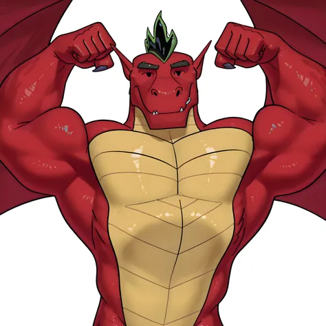 j4k3, dragon boy, black eyes, wings spread, standing proud, looking at viewer, white background, simple background, high quality, strong chest, wide shoulders, muscular, proud, strong, ((glistening body)), t4r4nf1dd13r, speedos, (flexing, biceps), red body