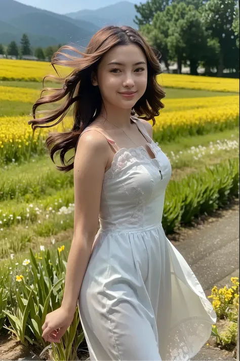 (masterpiece, best quality:1.2, 8k RAW photo, girl, solo, natural soft lighting), running in flower field, mountains background, looking at camera, the wind is flowing her hair, little smile