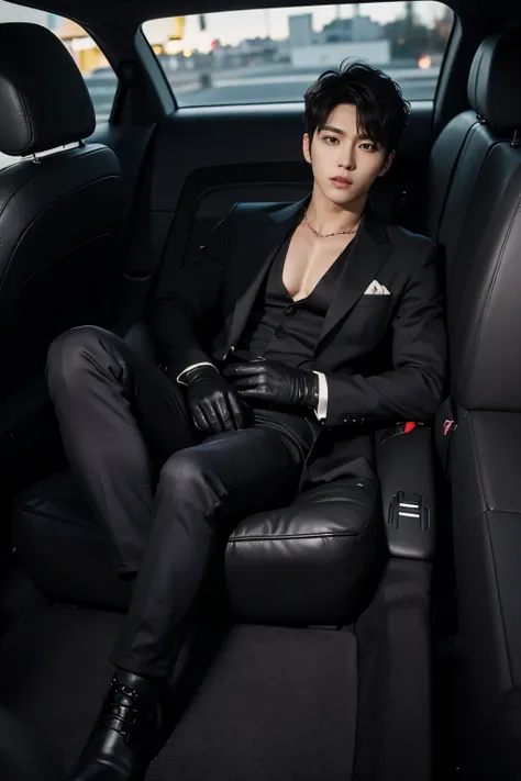 A slim muscular, Full body shot of a handsome K-pop male idol in a black suit and leather gloves. lay down Showing abs in a car seat at late night.sexy.try to rape.realistic high quality .intricate detail face , ultra high res, uhd